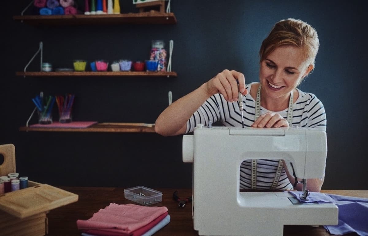 Close-up of hands guiding fabric through a sewing machine